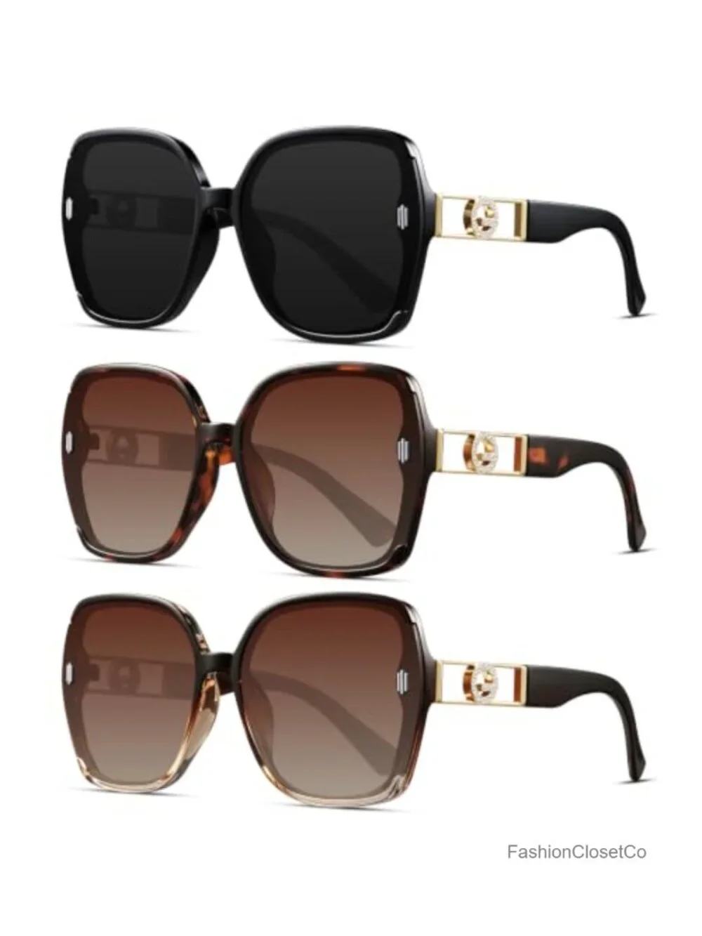 Retro Oversized Square Sunglasses for Women 3-Pack UV400 Protection